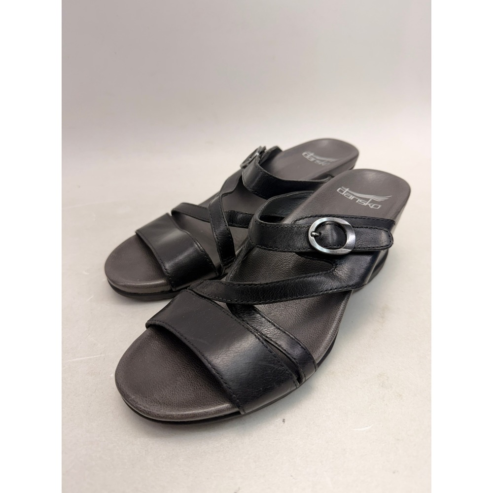 Dansko Black Leather Wedge Sandals Strappy Buckle Slide 1610500200 Womens 37